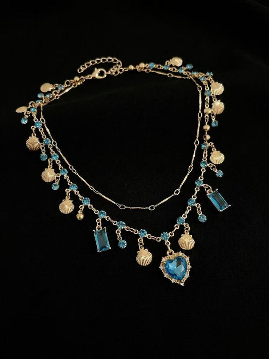 Ocean Heart Layered Choker Necklace - Vintage Blue Crystal Pendant Jewelry