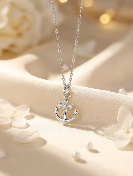 Original Design Anchor Cross Necklace | S925 Sterling Silver & Paved Cubic Zirconia