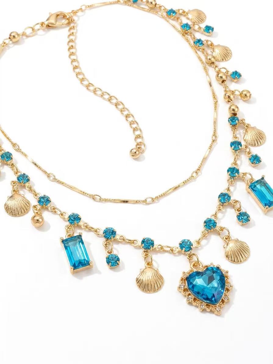 Ocean Heart Layered Choker Necklace - Vintage Blue Crystal Pendant Jewelry