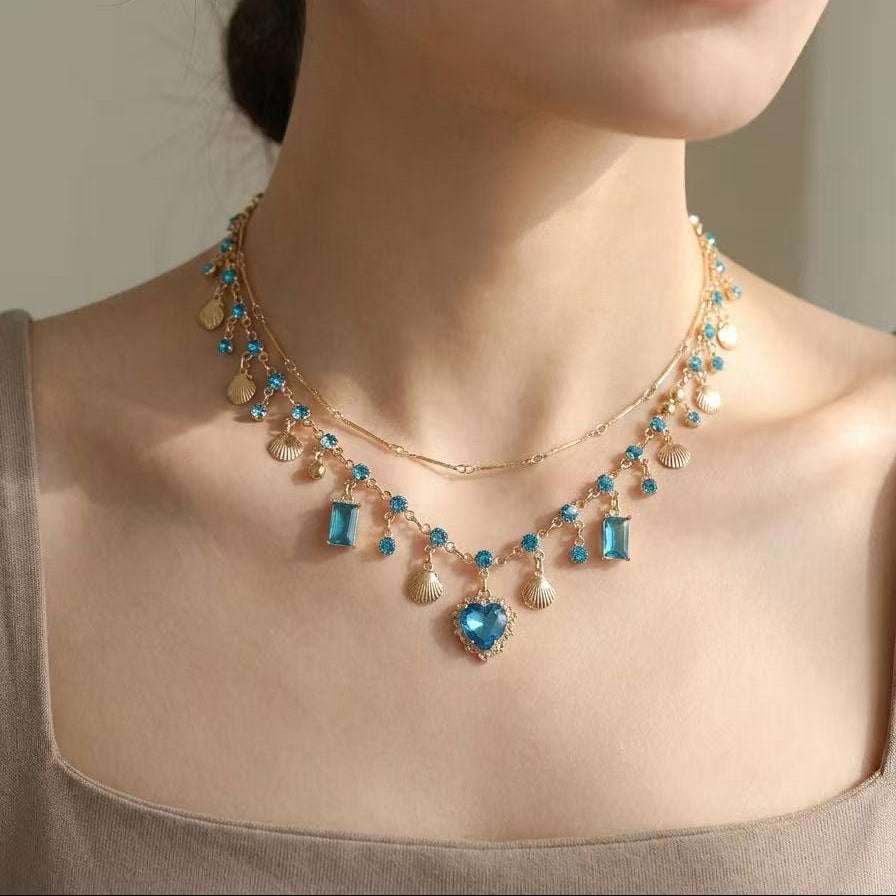 Ocean Heart Layered Choker Necklace - Vintage Blue Crystal Pendant Jewelry